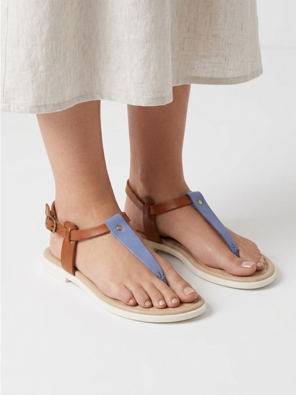 Barbara Barbieri Blue and Tan Leather T-Strap Sandals for Women